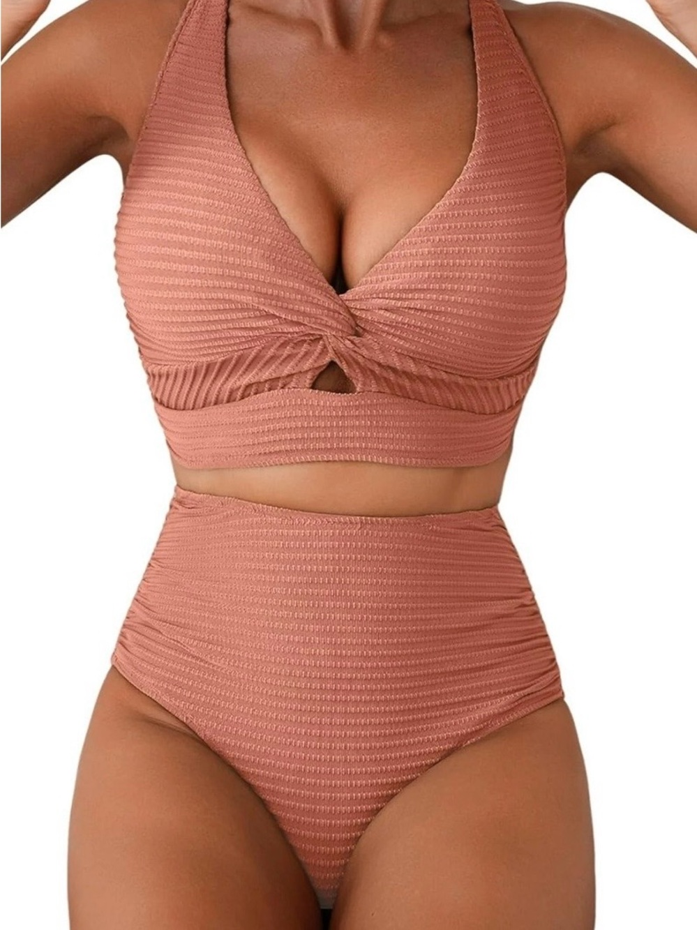 NWOT Women Large Dusty Pink Ribbed High Waisted Bikini Set Contrast Straps